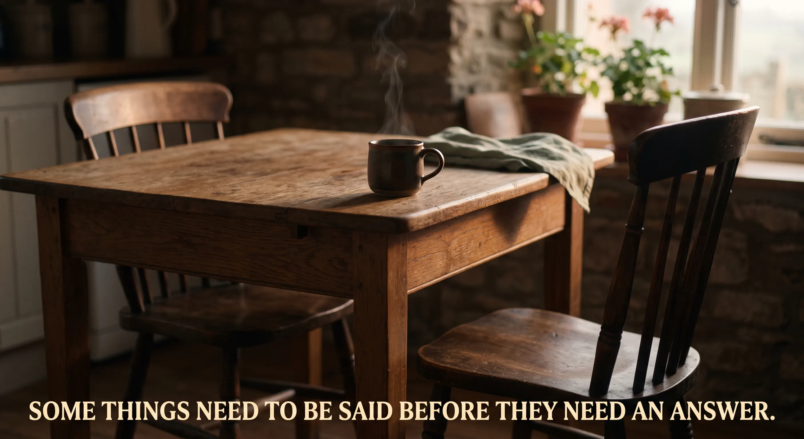 A single empty chair at a kitchen table in soft morning light, a cooling mug at the empty seat, text overlay: 'Some things need to be said before they need an answer.'