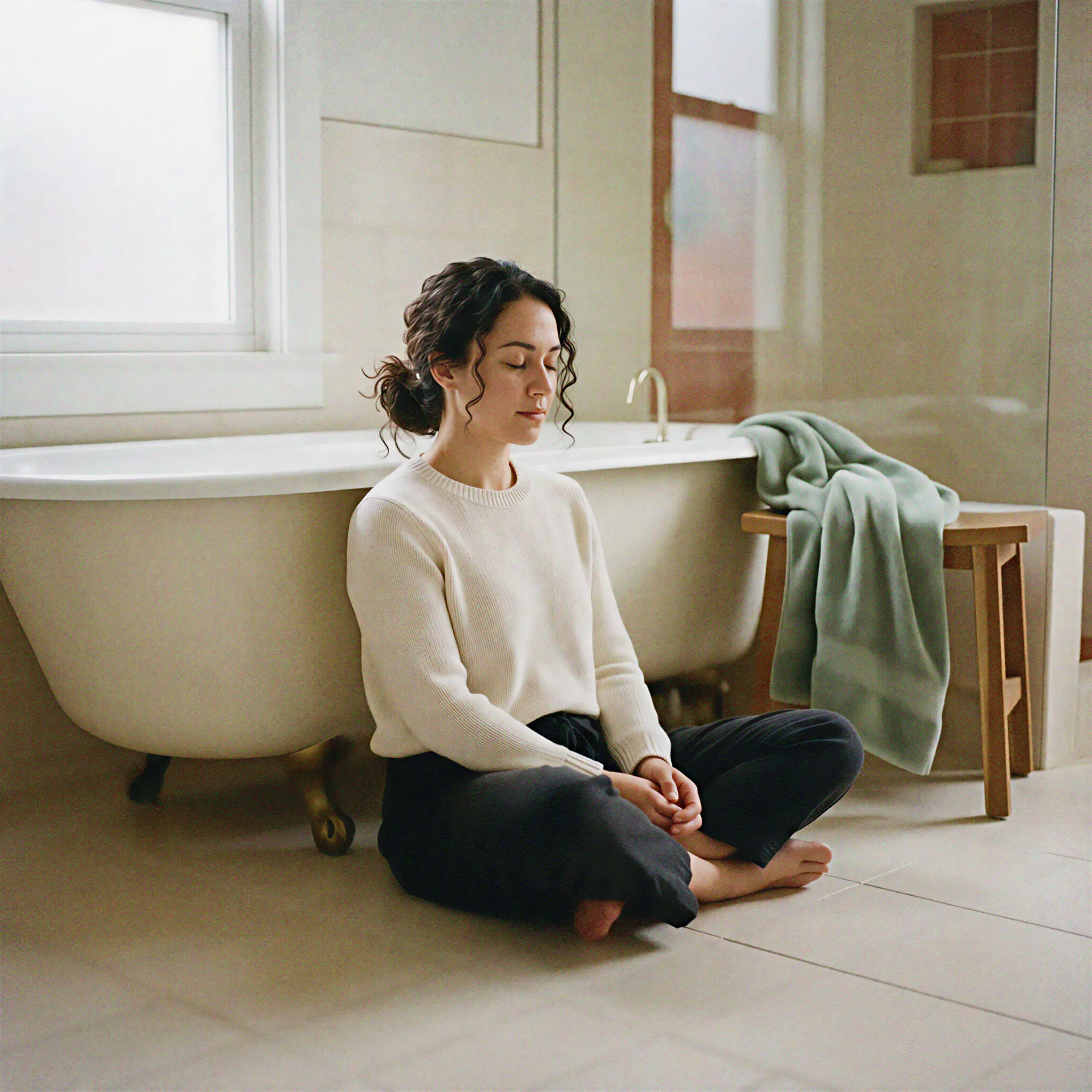 Quiet private pause in a bathroom with soft side light, capturing emotional steadiness before reflection