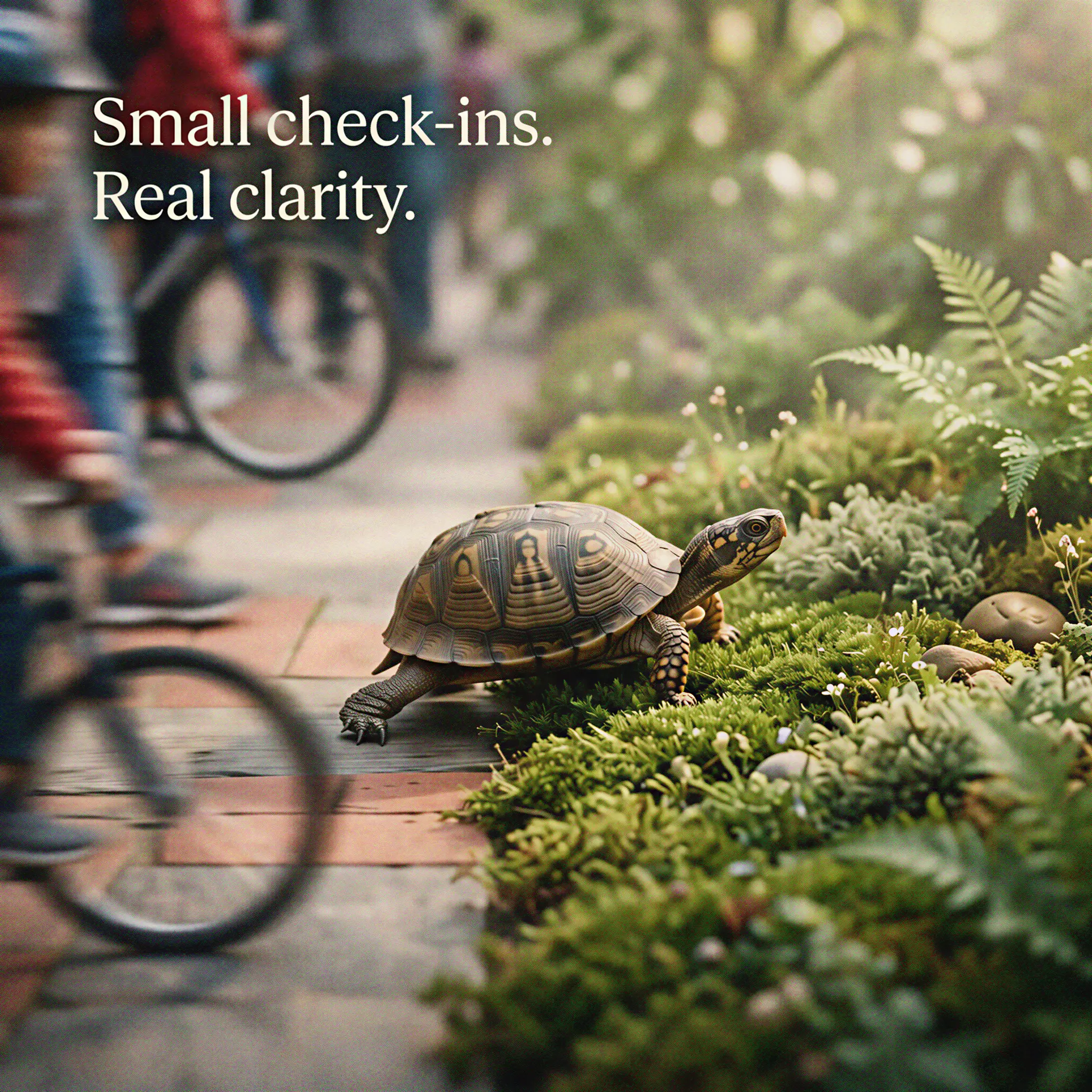 Steady turtle entering a quiet moss garden from a blurred busy path