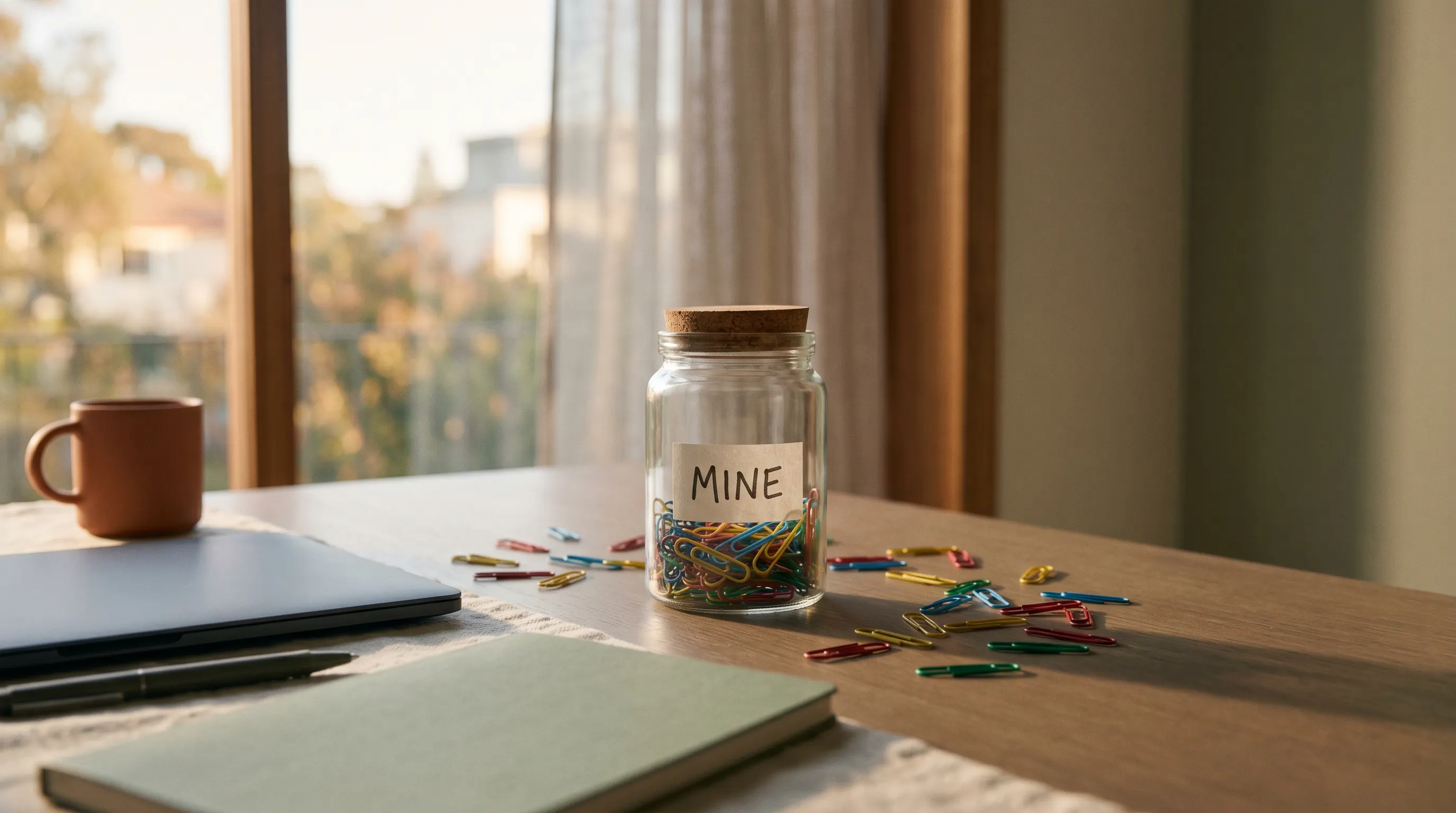 Workspace still life symbolizing emotional boundaries at work and choosing what to carry