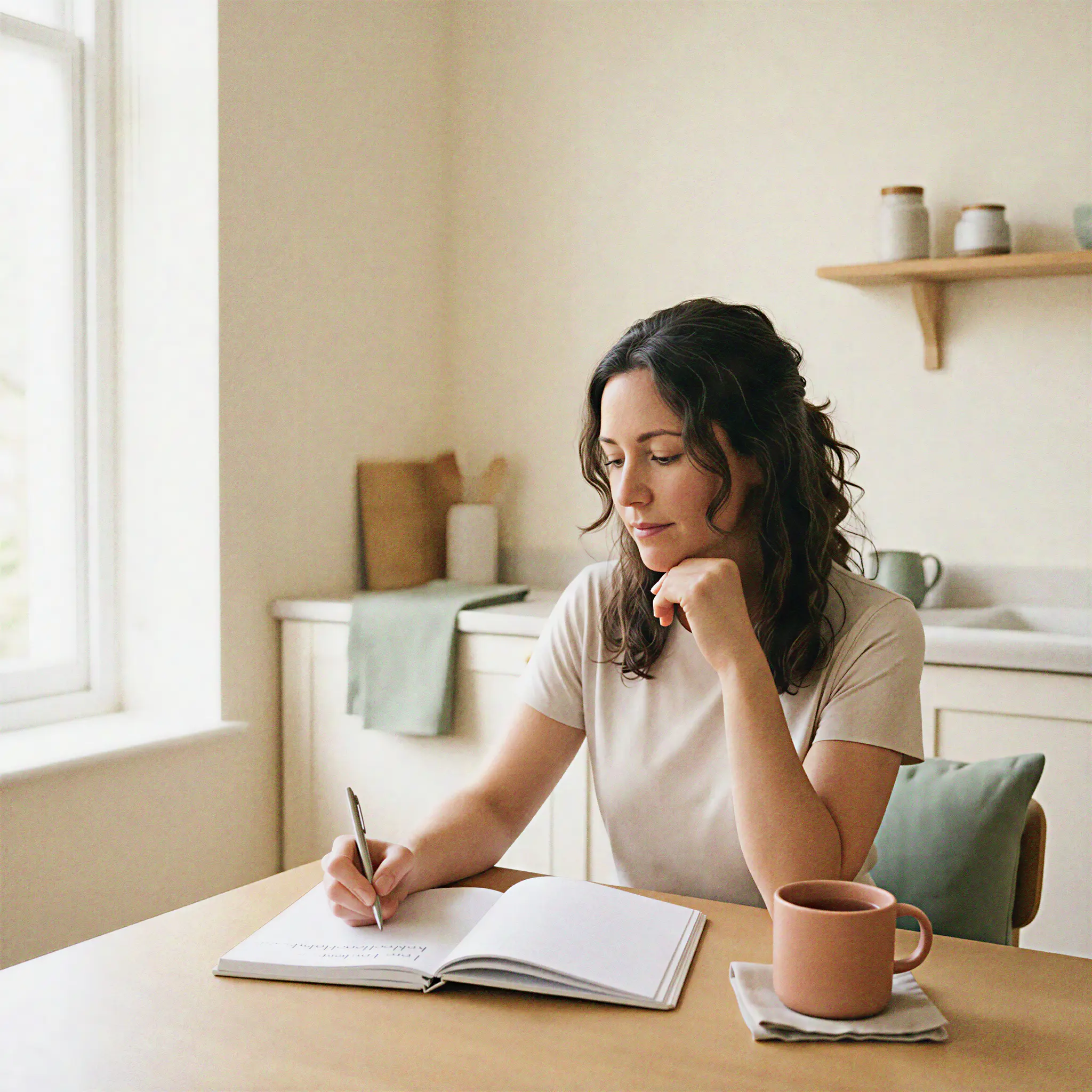 Quiet morning reflection at a kitchen table with notebook, tea, and a practical pause