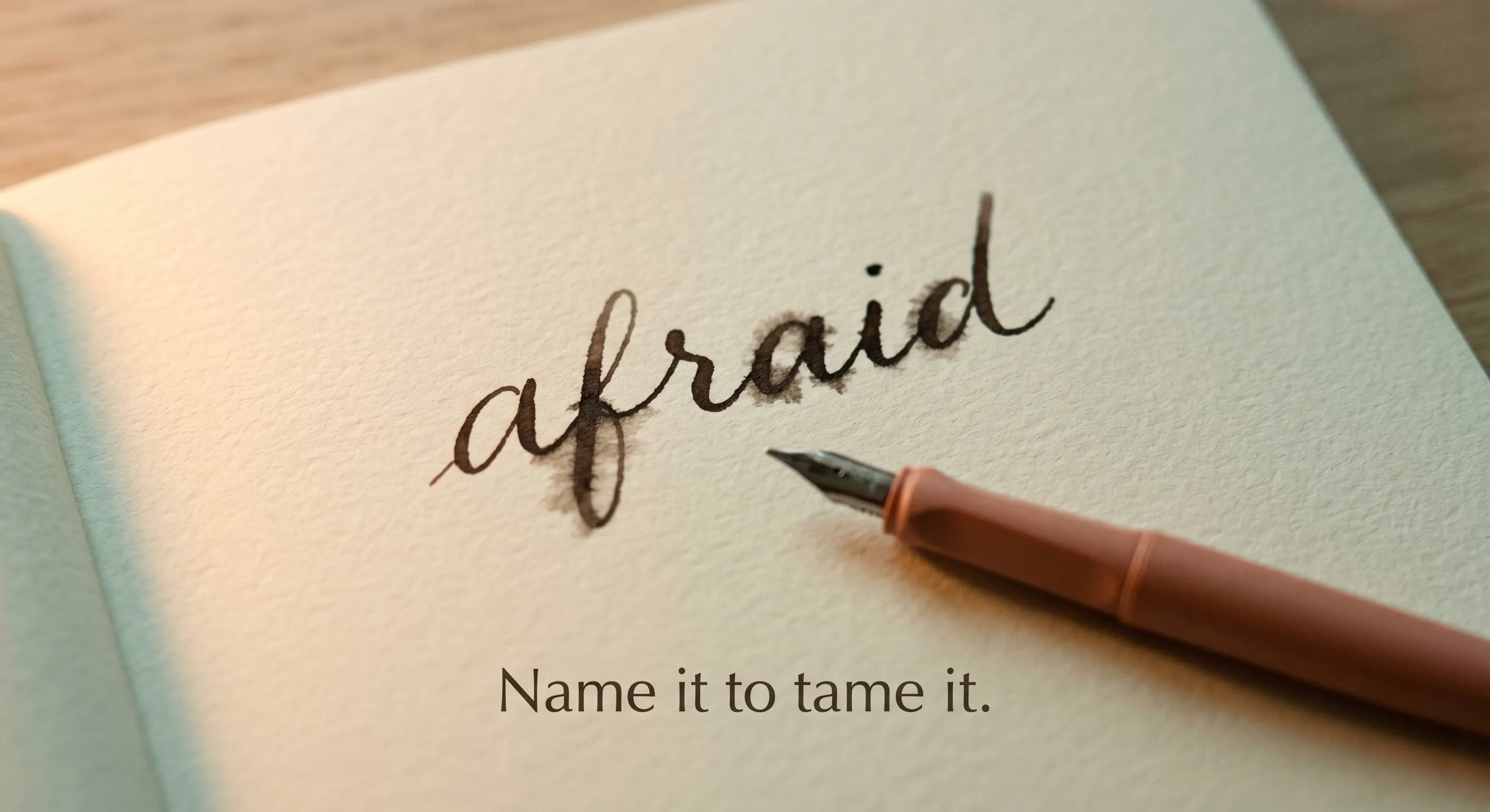 Macro still of the word 'afraid' written in ink on cream paper with a terracotta pen beside it, warm amber side light, minimal composition.