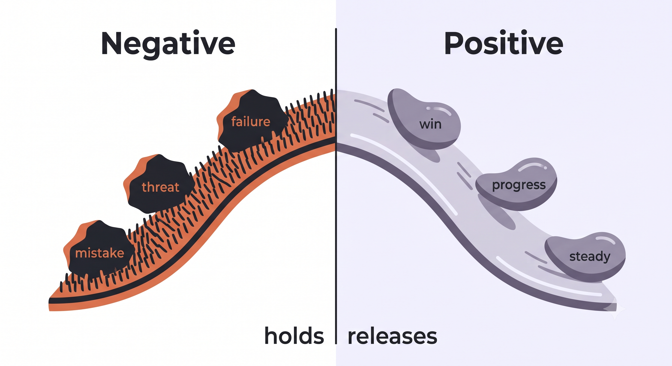 Split diagram showing Velcro surface on left with negative experiences stuck firmly, and Teflon surface on right with positive experiences sliding off