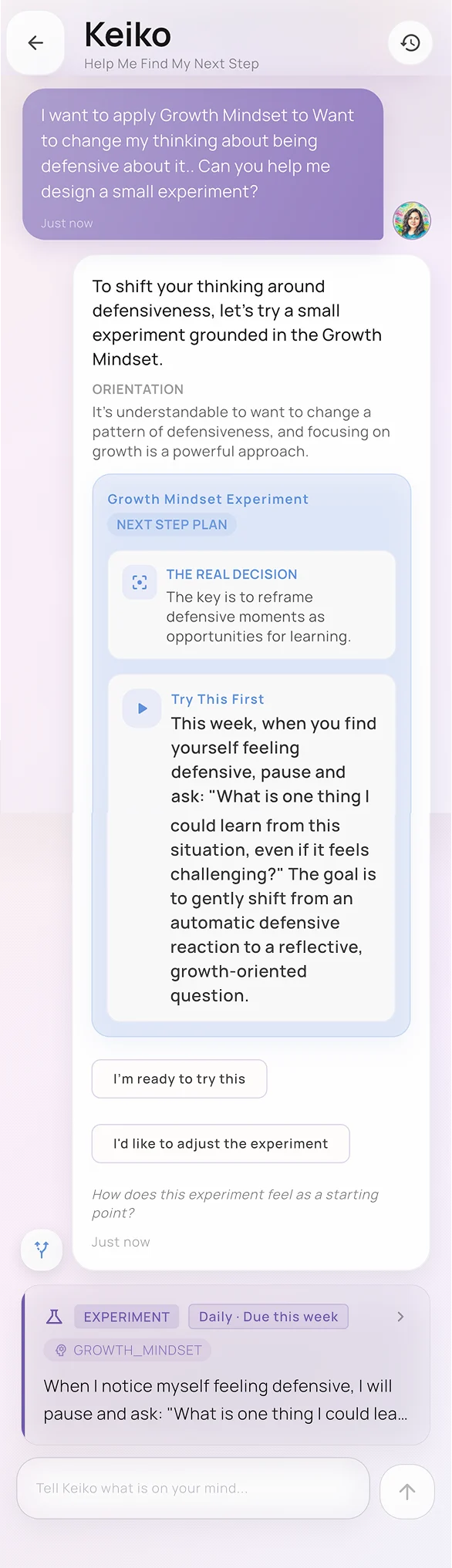 Keiko Guide conversation proposing a Growth Mindset Experiment for responding to defensiveness